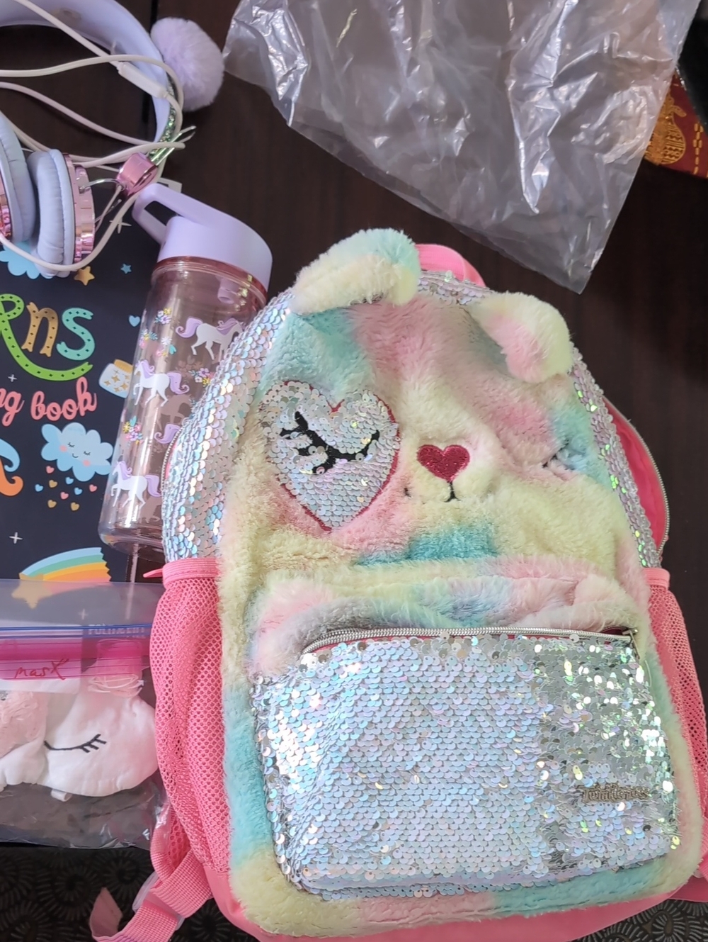 Skechers Pastel Rainbow Plush Sequin Bunny Backpack Unicorn Fan BUNDLE